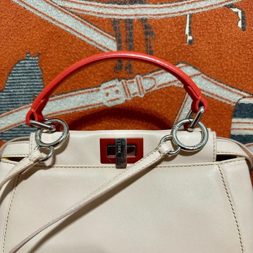 Fendi Peekaboo Cream/blush Leather Satchel with Red Handle and Silver Hardware